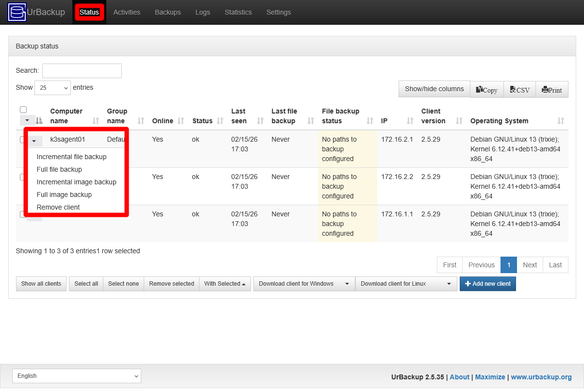 UrBackup server Status client k3sagent01 options
