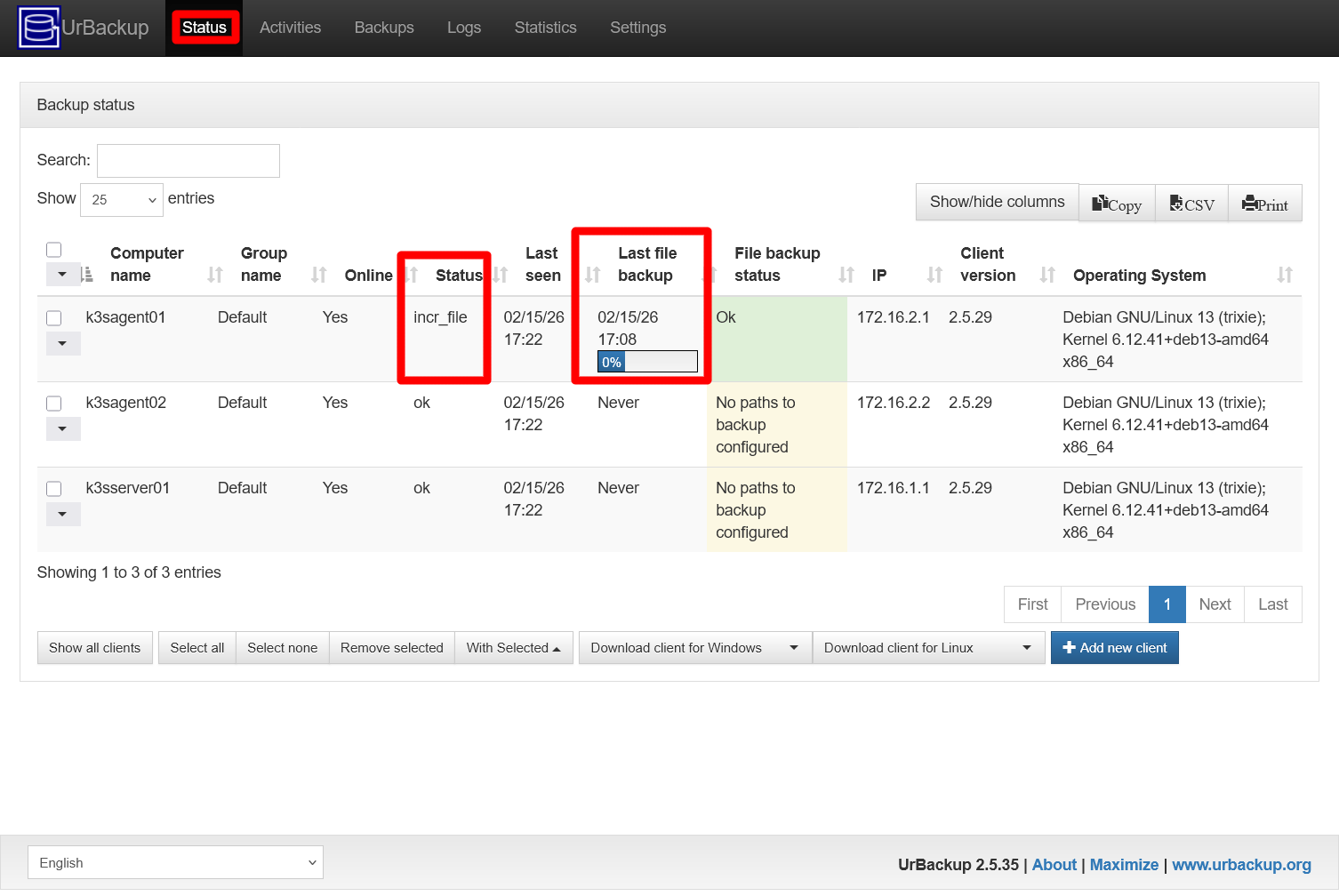 UrBackup server Status one incremental backup job running