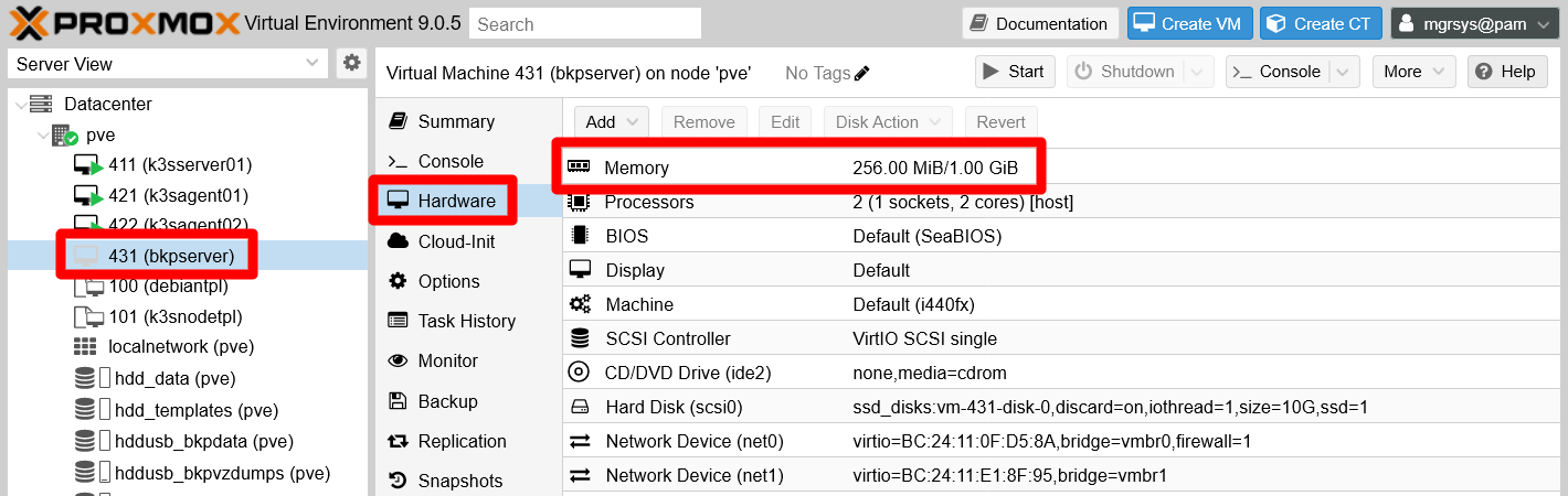 Hardware tab of bkpserver VM
