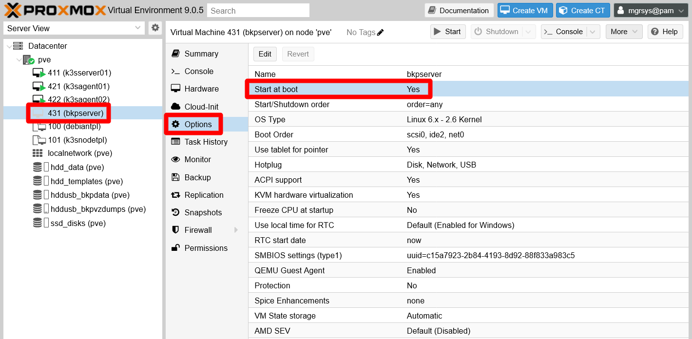 Start at boot parameter in Option tab