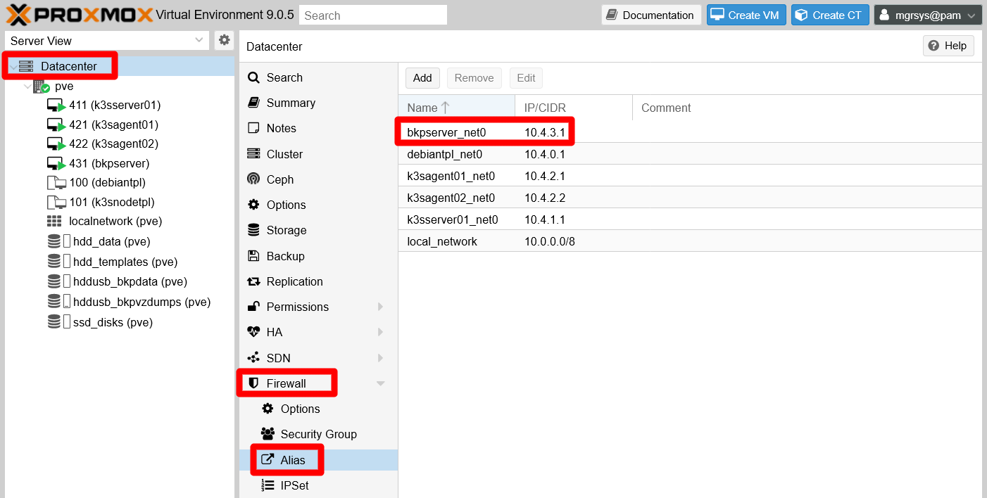 PVE Datacenter Firewall Alias bkpserver