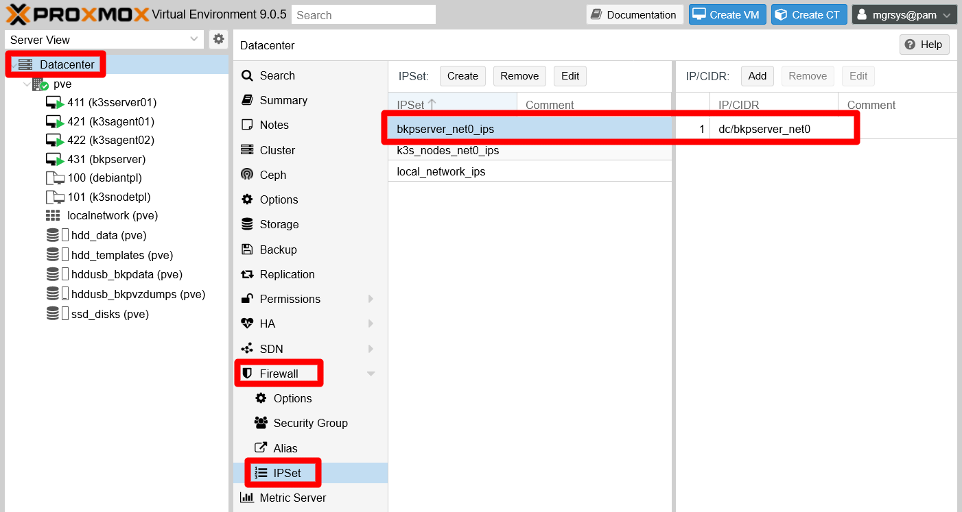 PVE Datacenter Firewall IPSet bkpserver