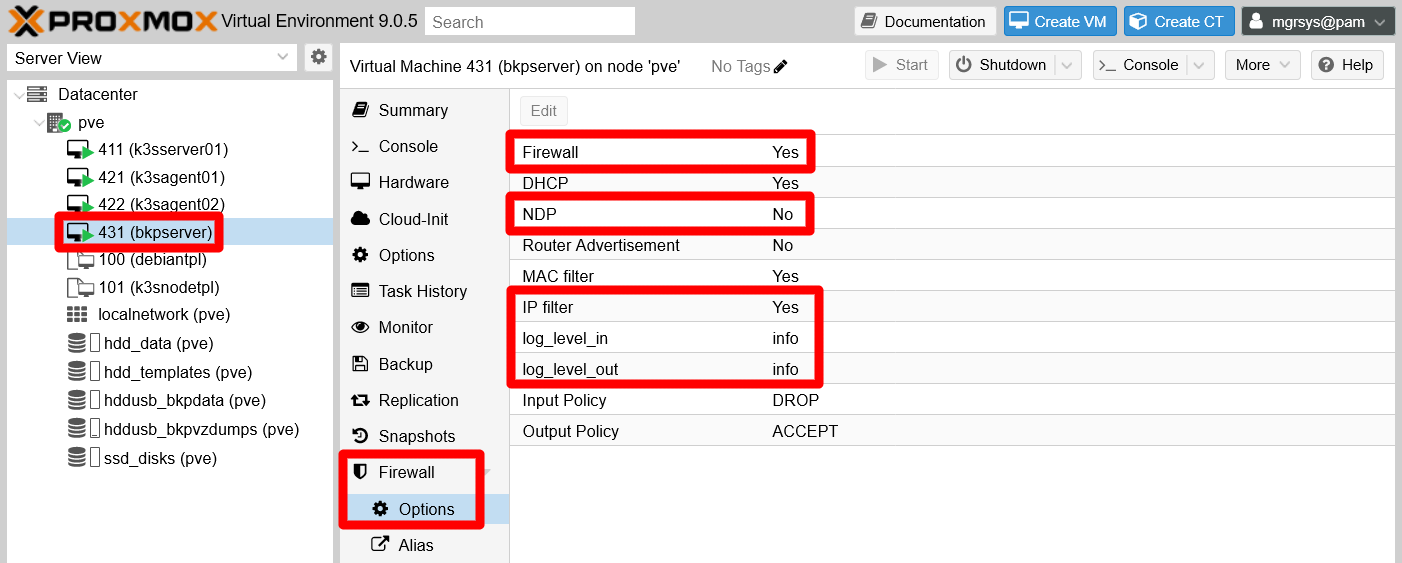 PVE VM Firewall Options bkpserver