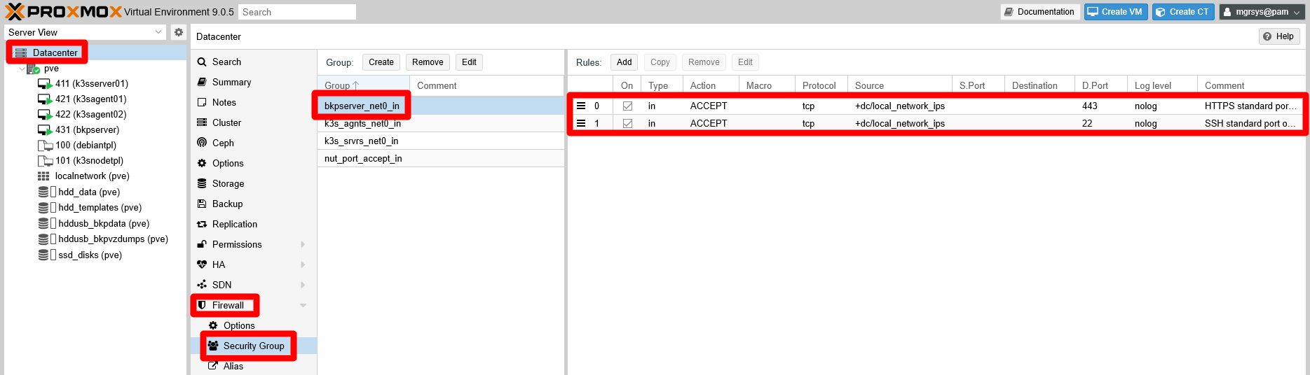 PVE Datacenter Firewall Security Group bkpserver