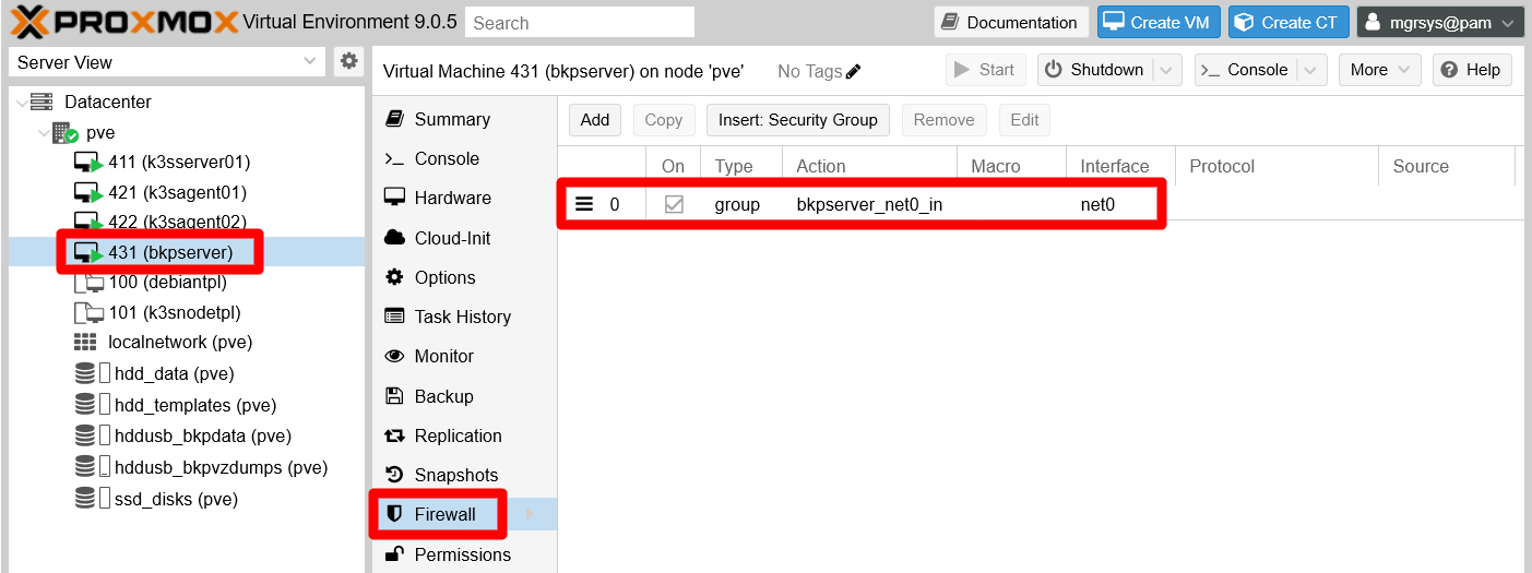 PVE VM Firewall bkpserver with security group rule