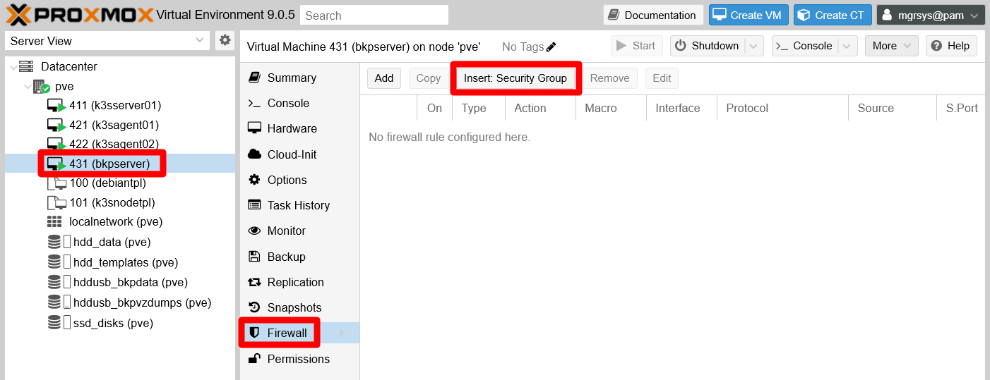 PVE VM Firewall empty bkpserver