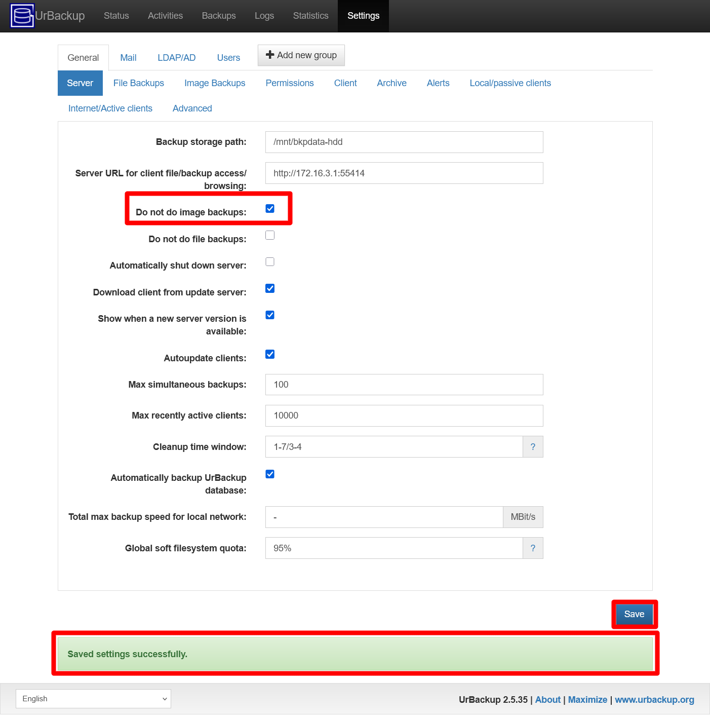 UrBackup server Settings General Server images backup disabled