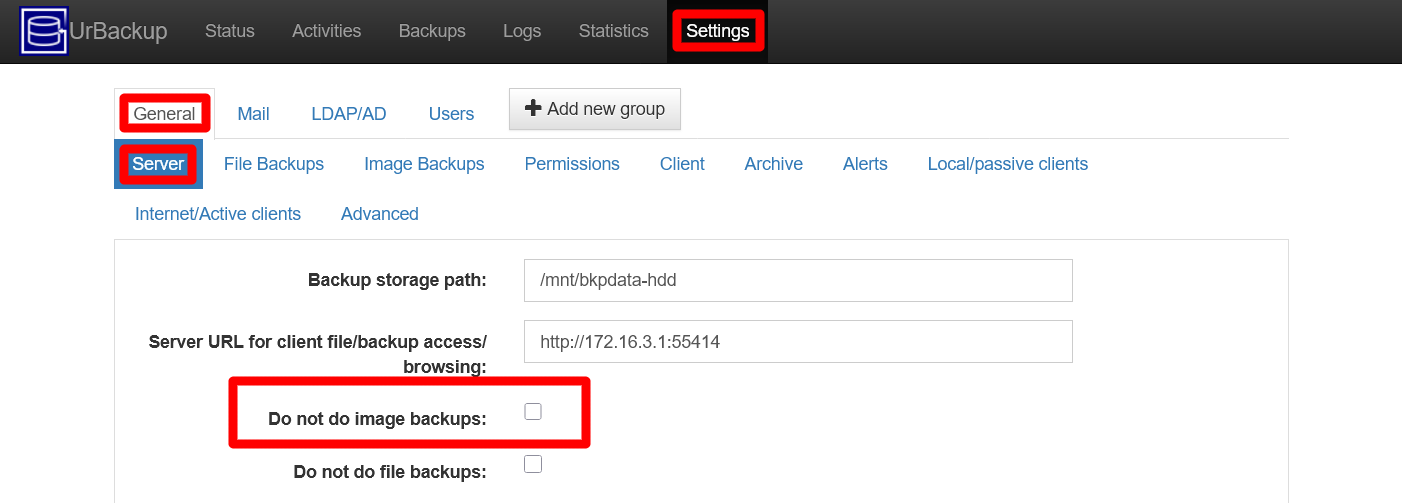 UrBackup server Settings General Server images backup enabled