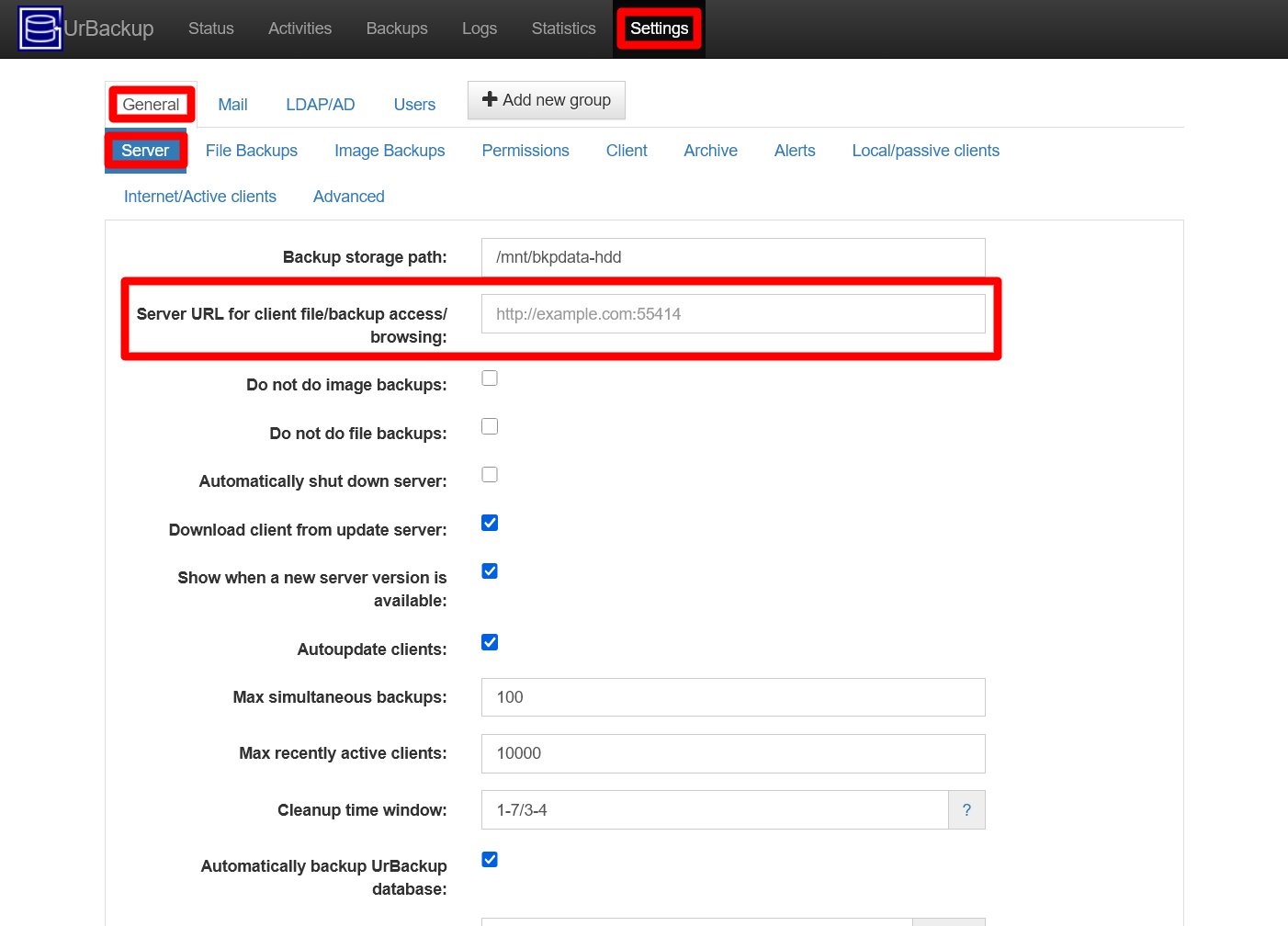 UrBackup server Settings General Server view