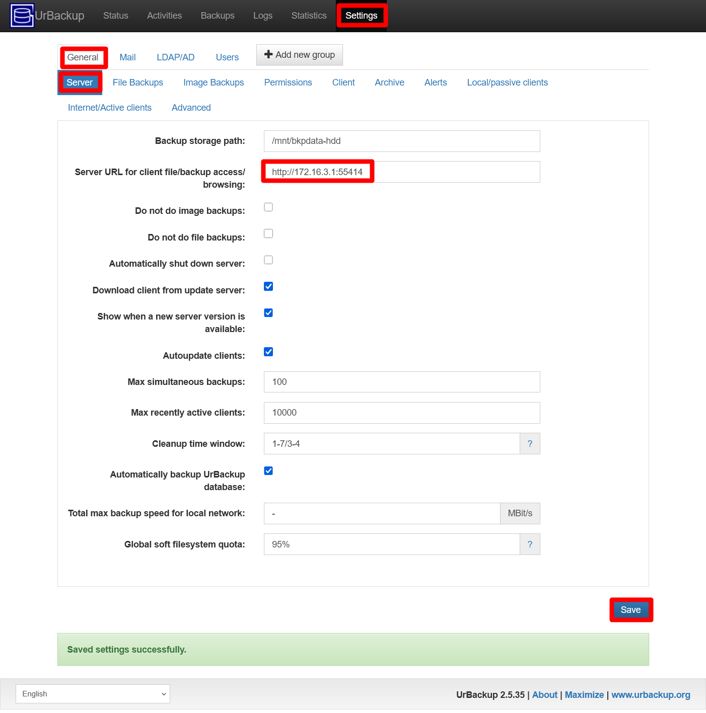 UrBackup server Settings General Server URL set