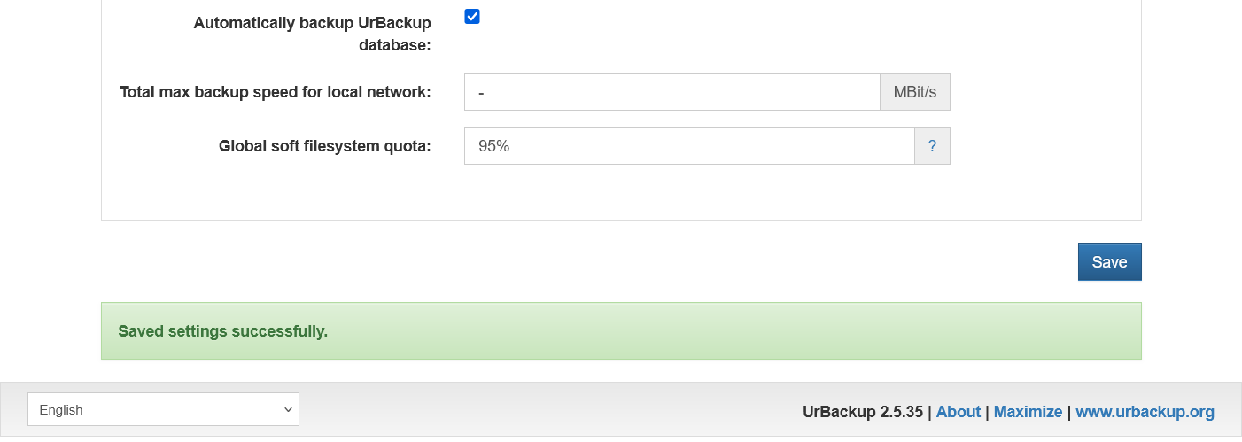 UrBackup server Settings General Server URL set success message