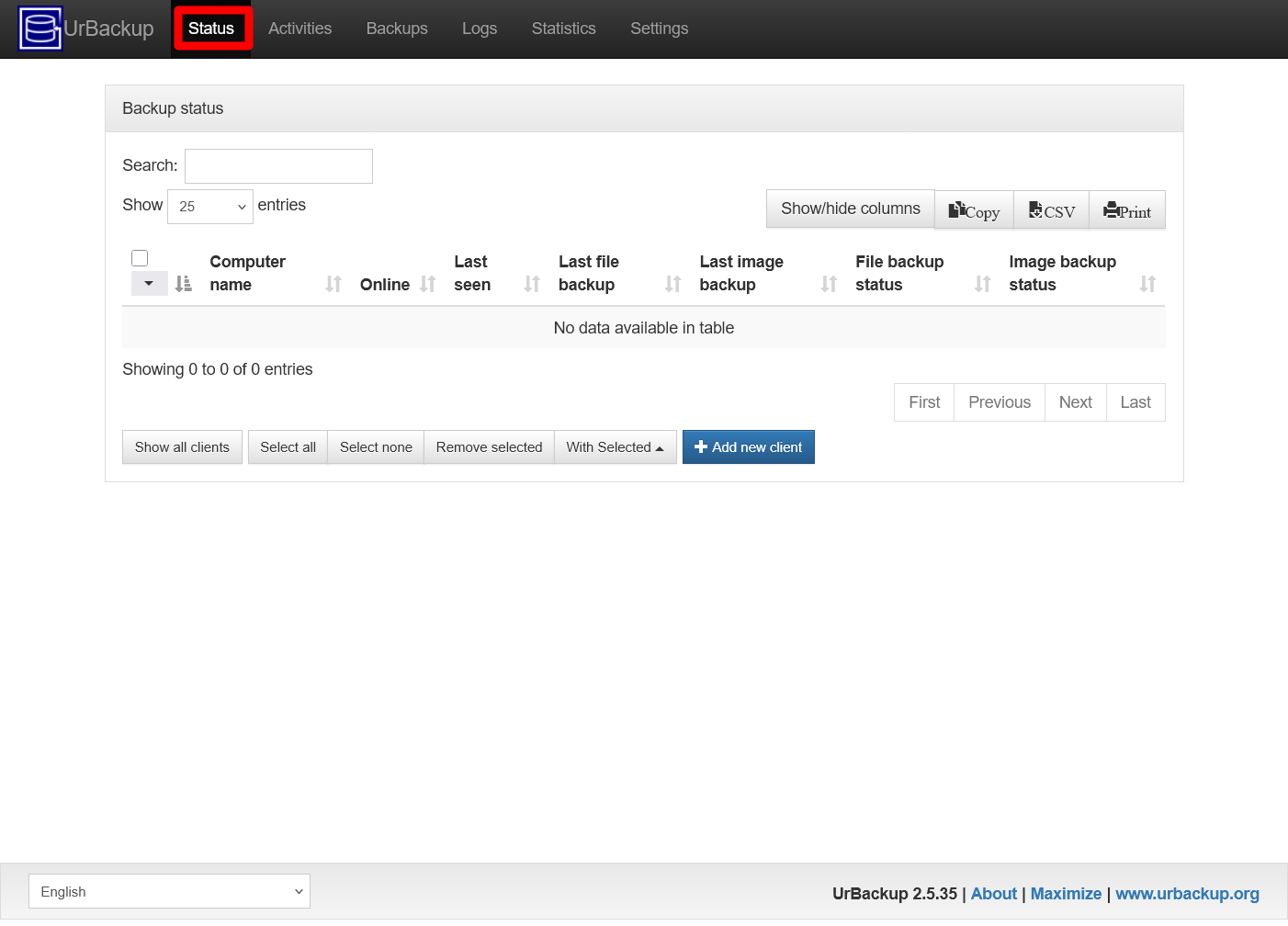 UrBackup server Status page