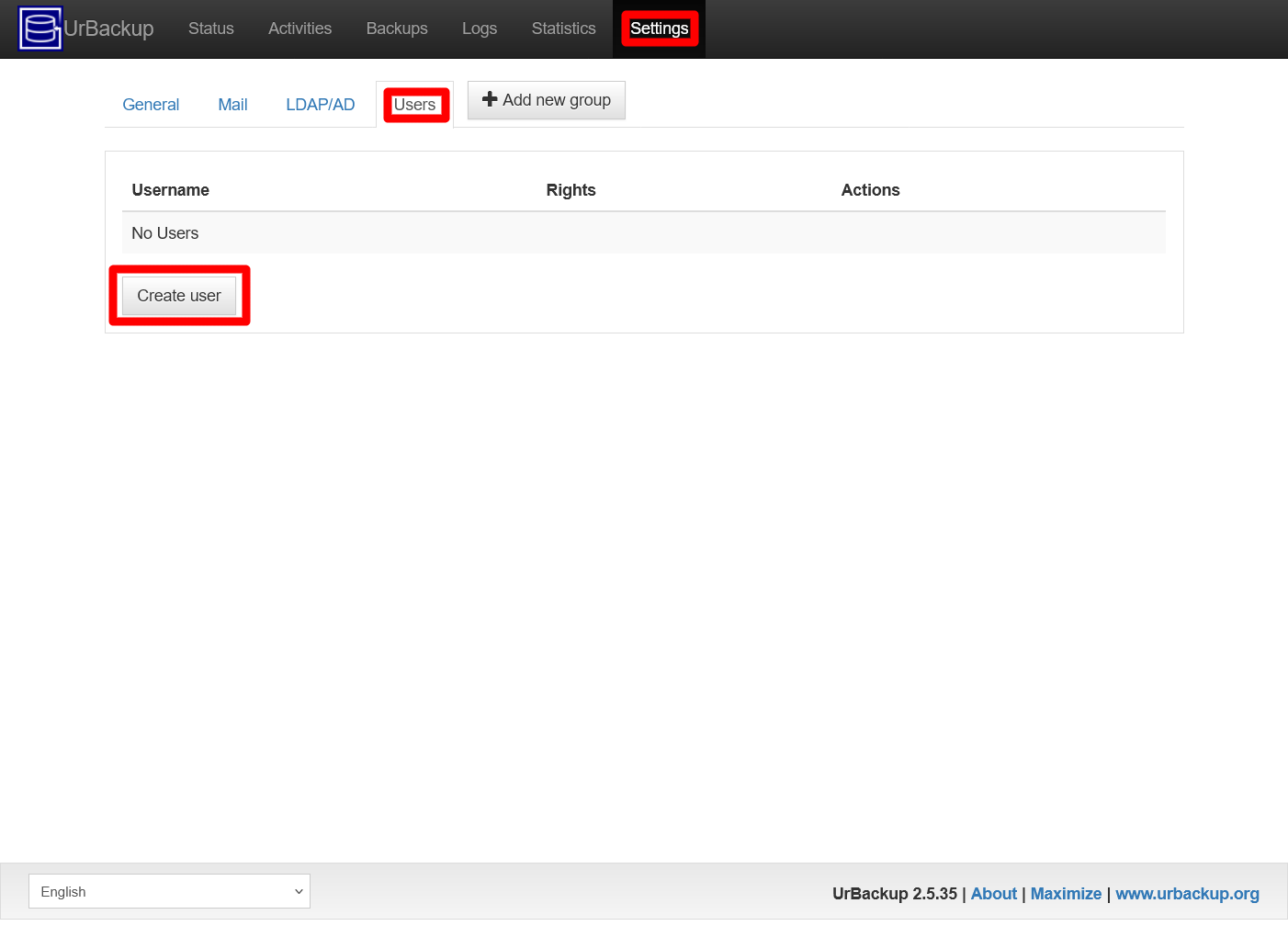 UrBackup server Users view
