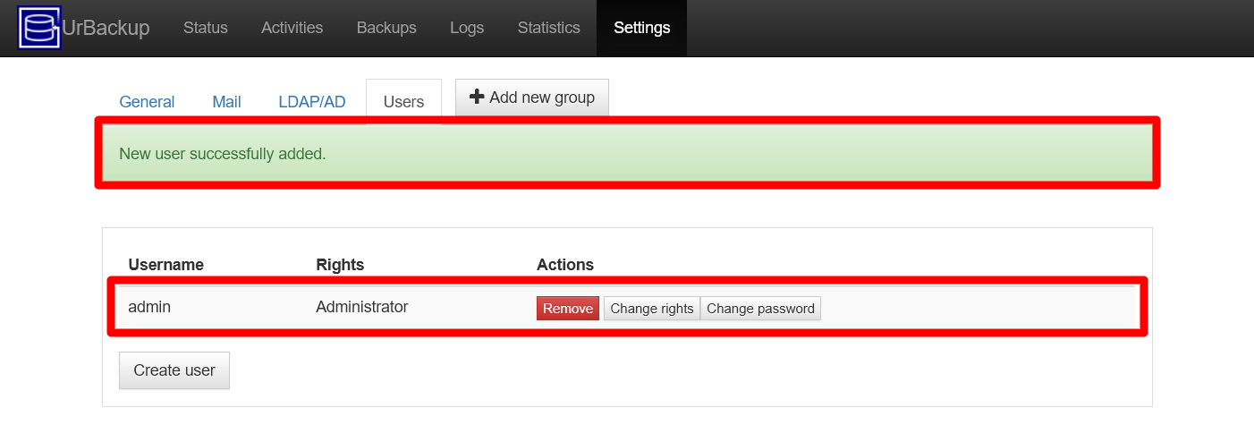 UrBackup server Users view administrator added