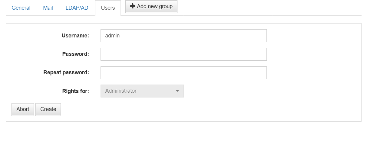 UrBackup server Users view Create user form