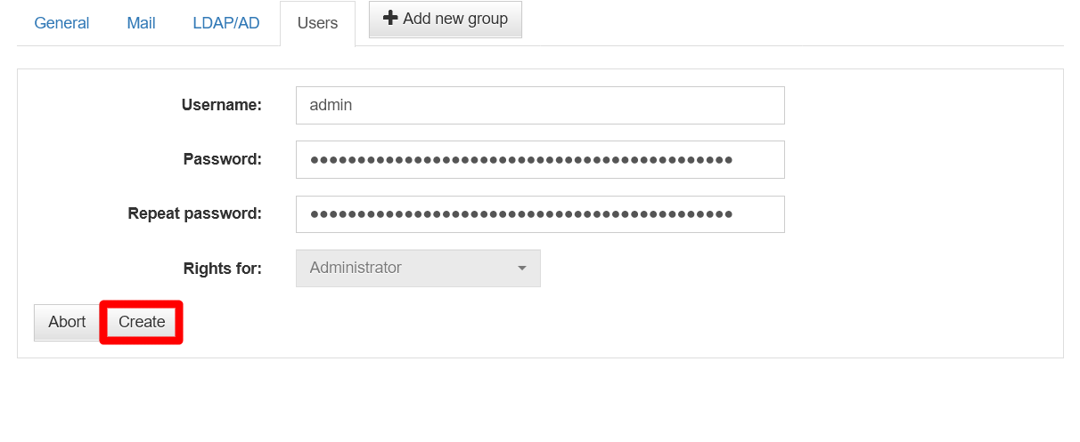 UrBackup server Users view Create user form filled