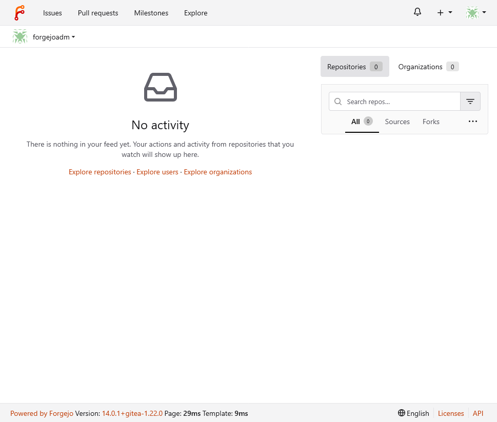 Forgejo dashboard logged in as the administrator user