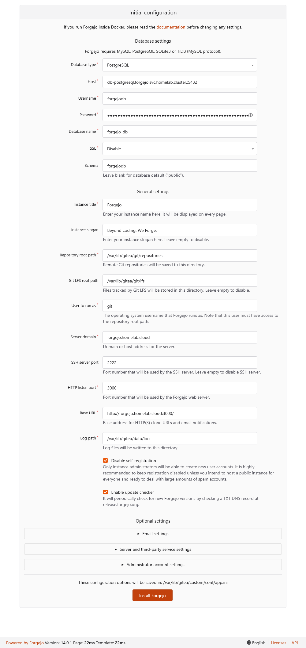 Forgejo server Initial Configuration form