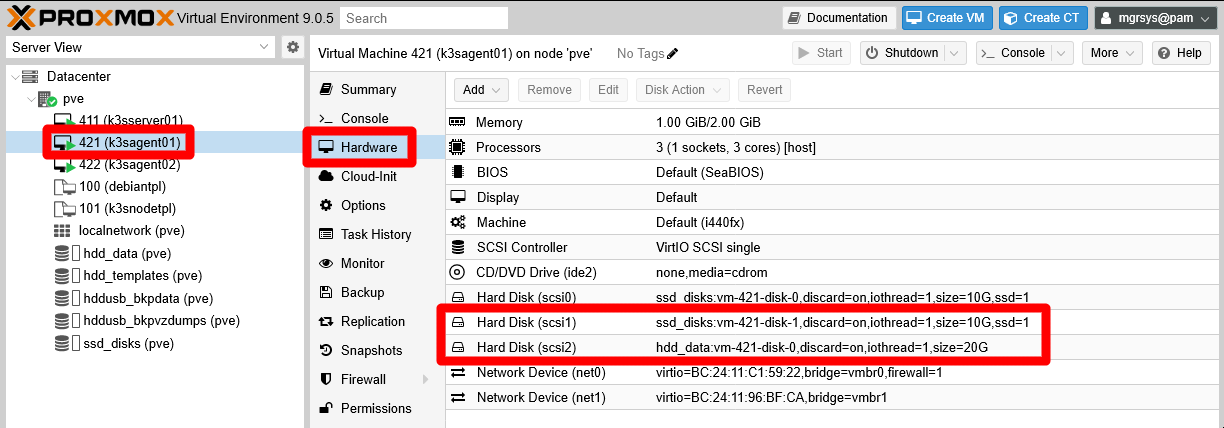 New Hard Disks at k3sagent01 agent node VM