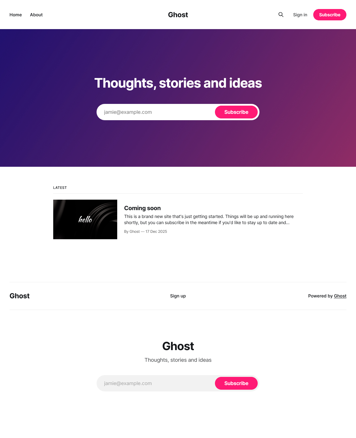 Ghost default site homepage
