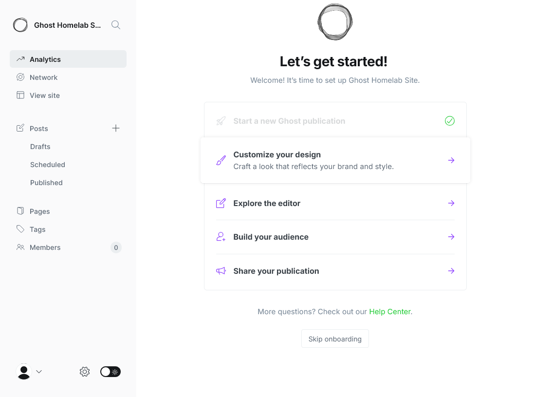 Onboarding in Ghost site administration area