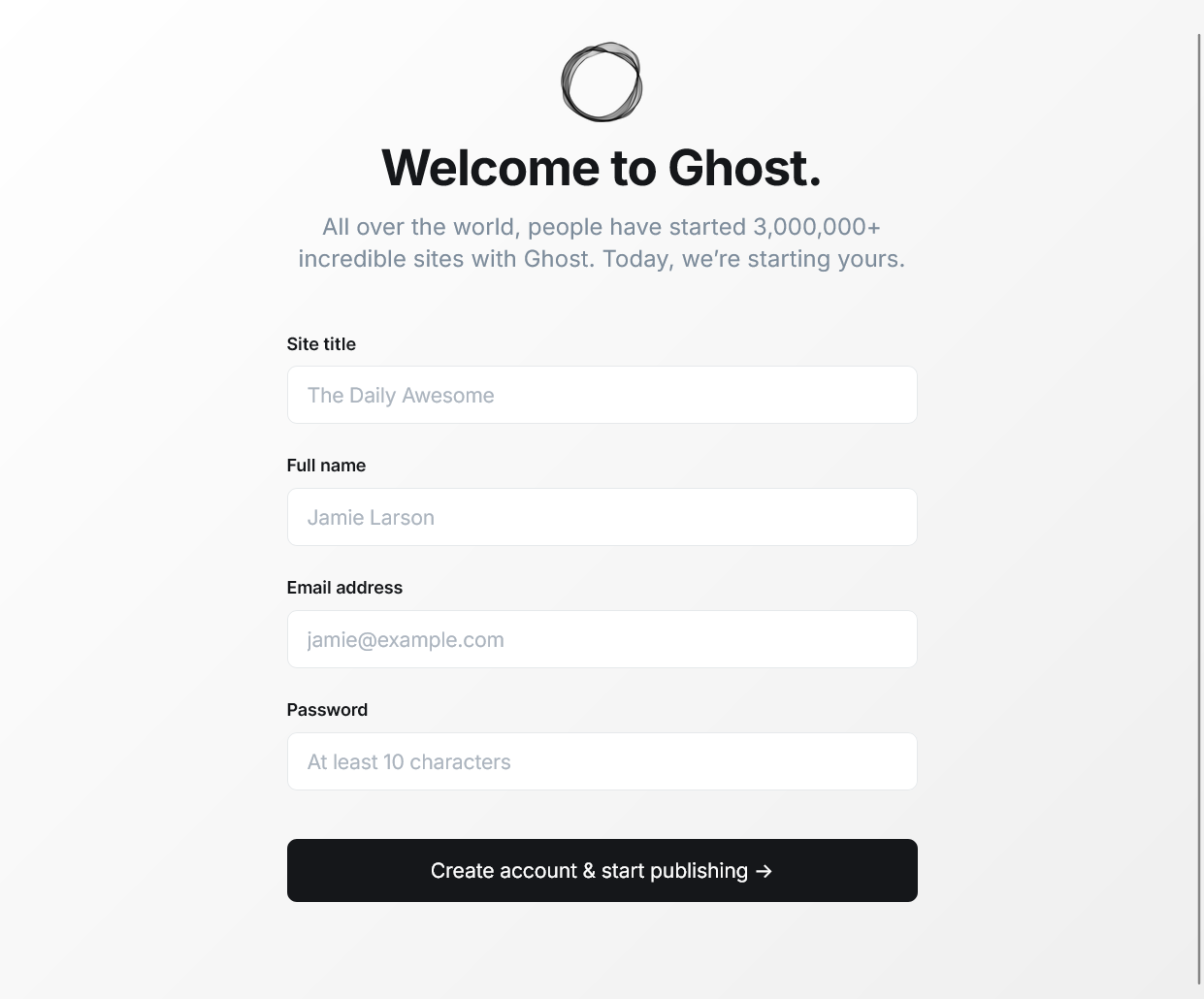 Ghost site setup form