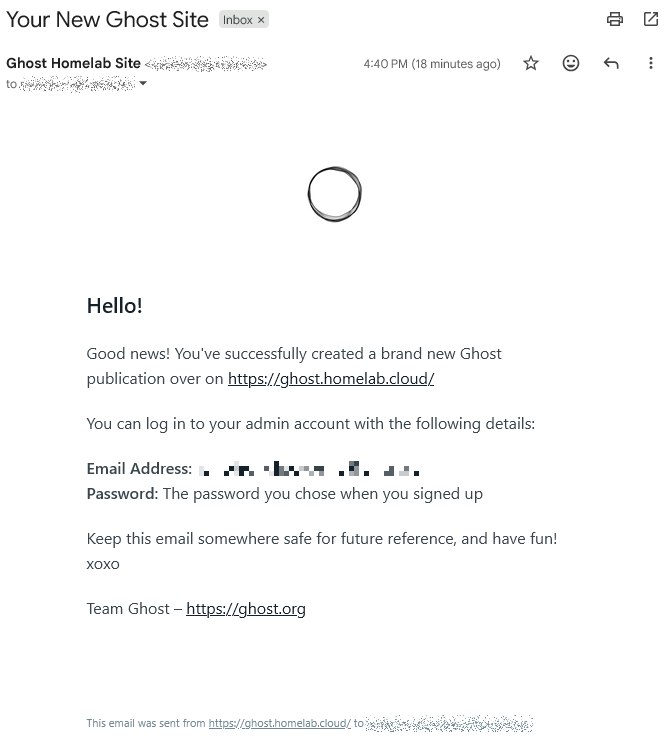 Ghost new site welcome email