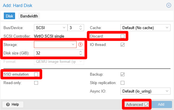 Add Hard Disk window for K3s agent node with advanced options enabled