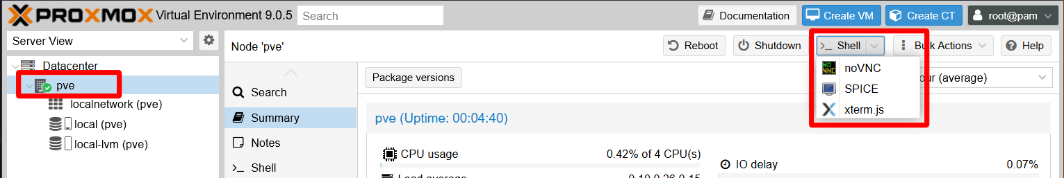 Proxmox VE web console shell options