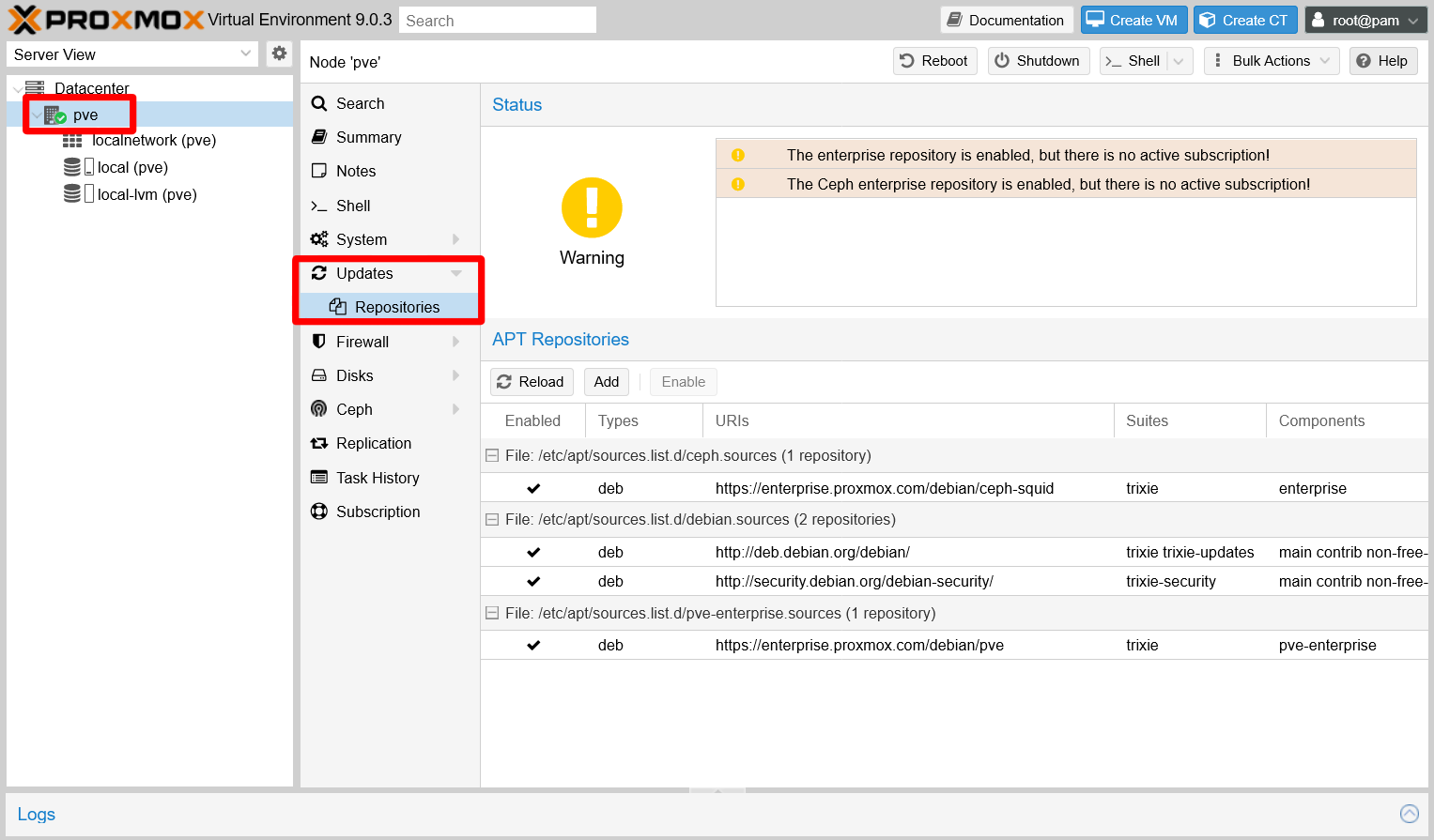 Updates repositories section of pve node