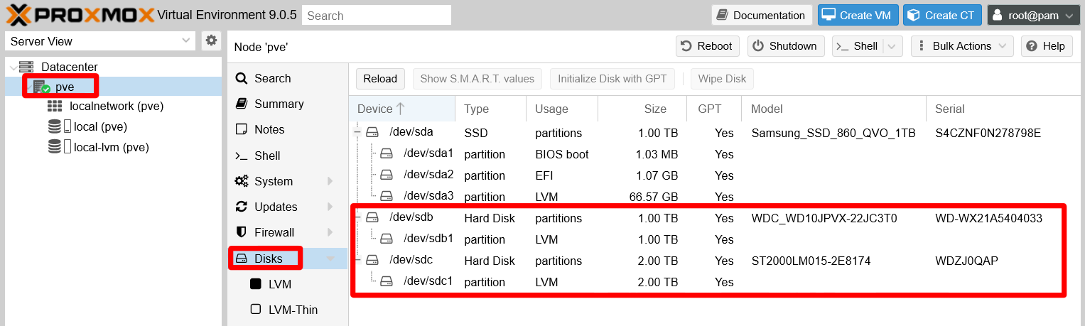 pve node devices usage updated to LVM