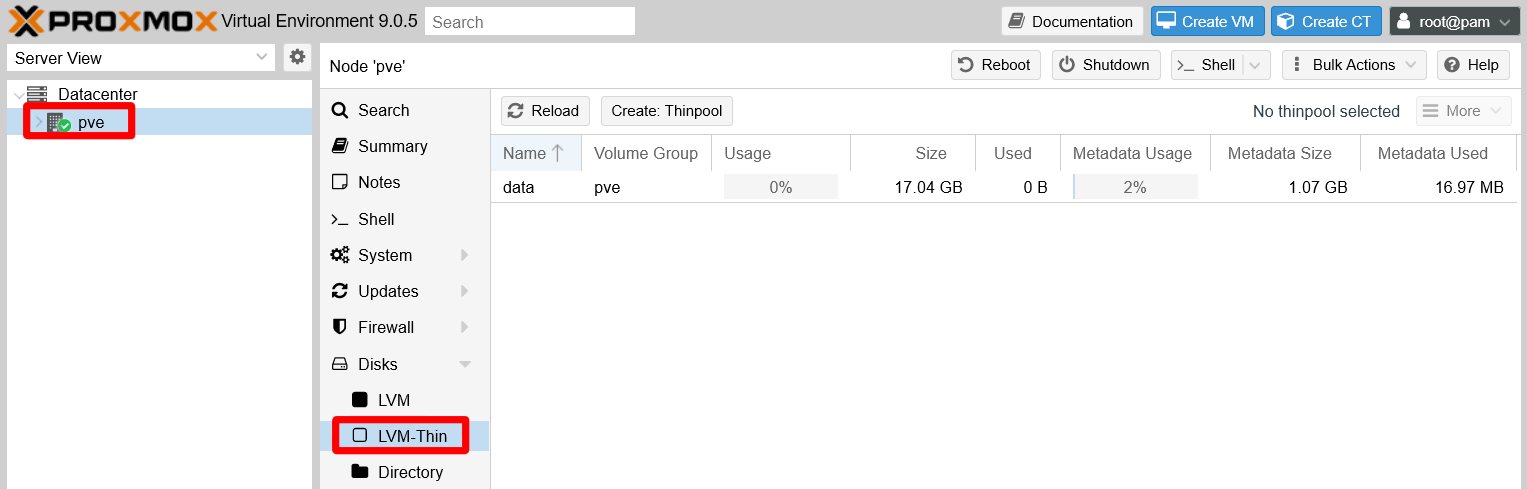 pve node LVM-Thin screen