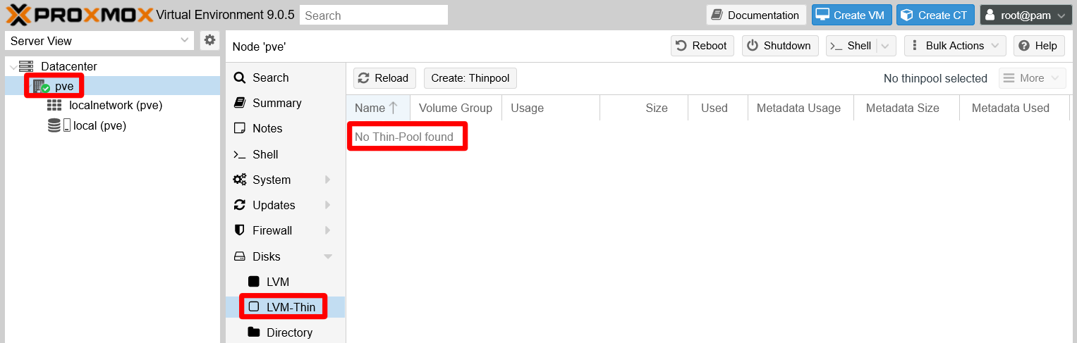 PVE node thin-pool list empty