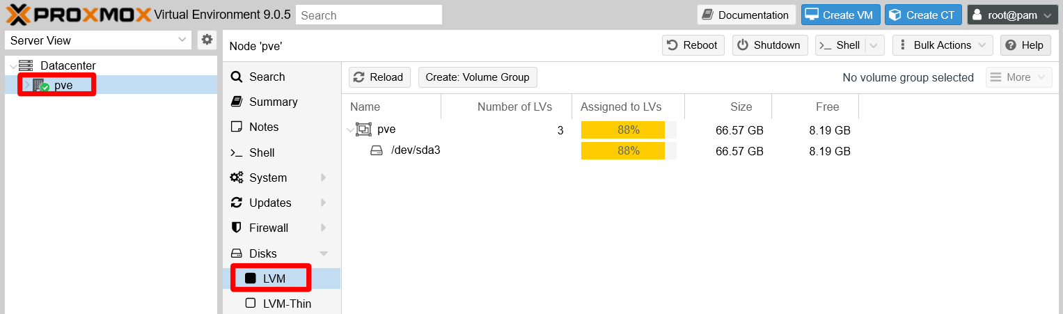 pve node LVM screen