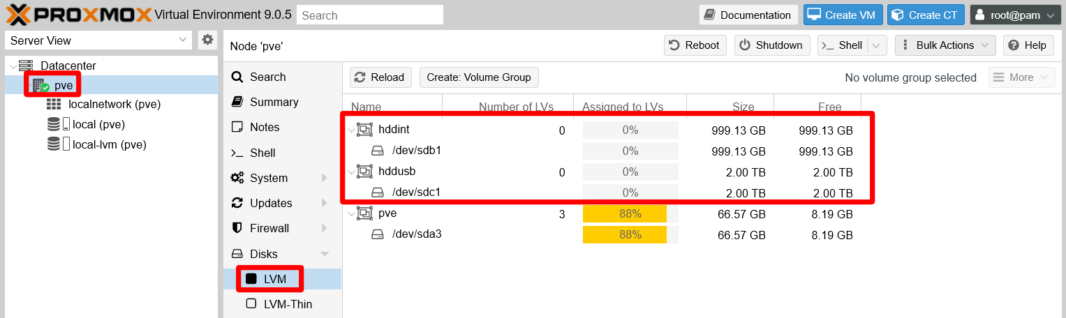 pve node LVM screen updated with new volume groups