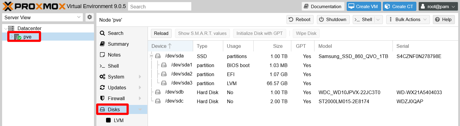 pve node disks screen
