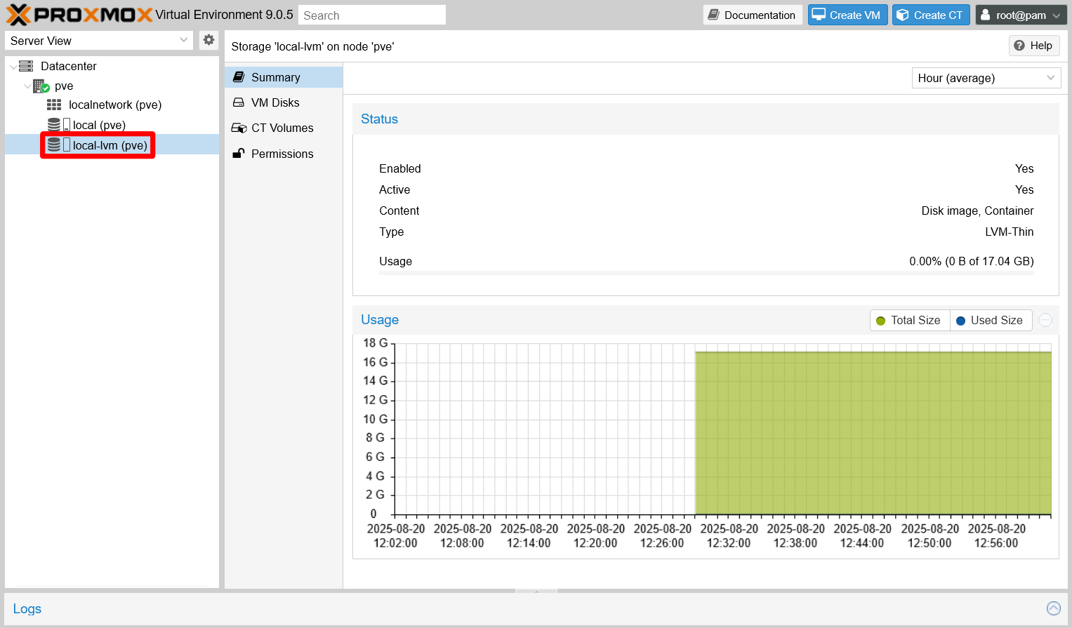 pve node local-lvm storage screen