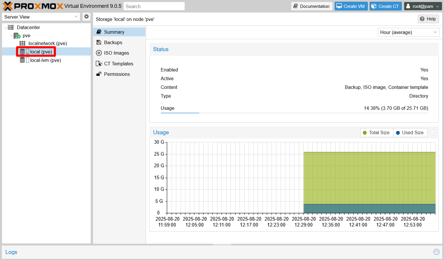 pve node local storage screen