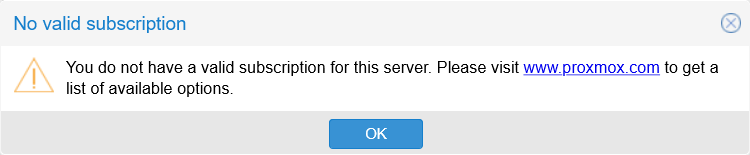 Proxmox VE subscription warning