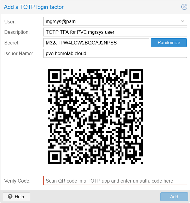 TOTP form filled for the new mgrsys user