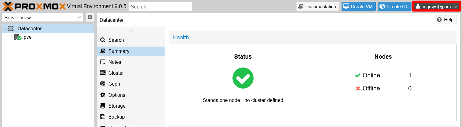 New mgrsys user has logged in PVE web console