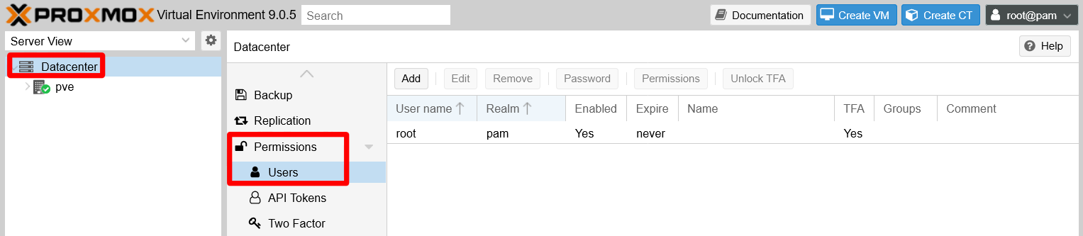 Proxmox VE user management screen