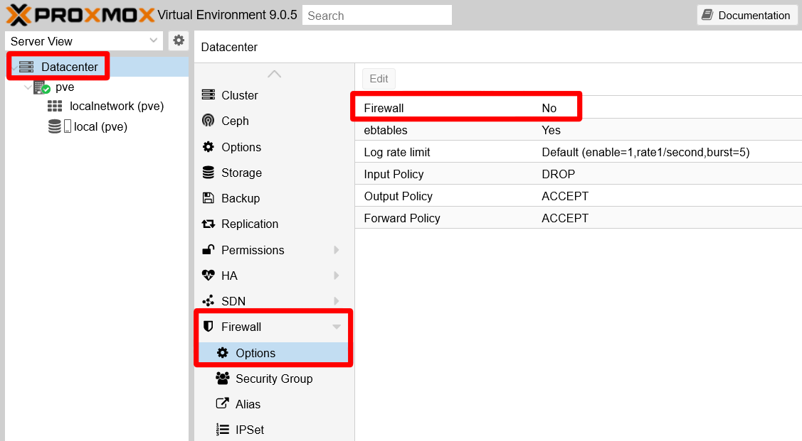 Firewall disabled at the datacenter tier