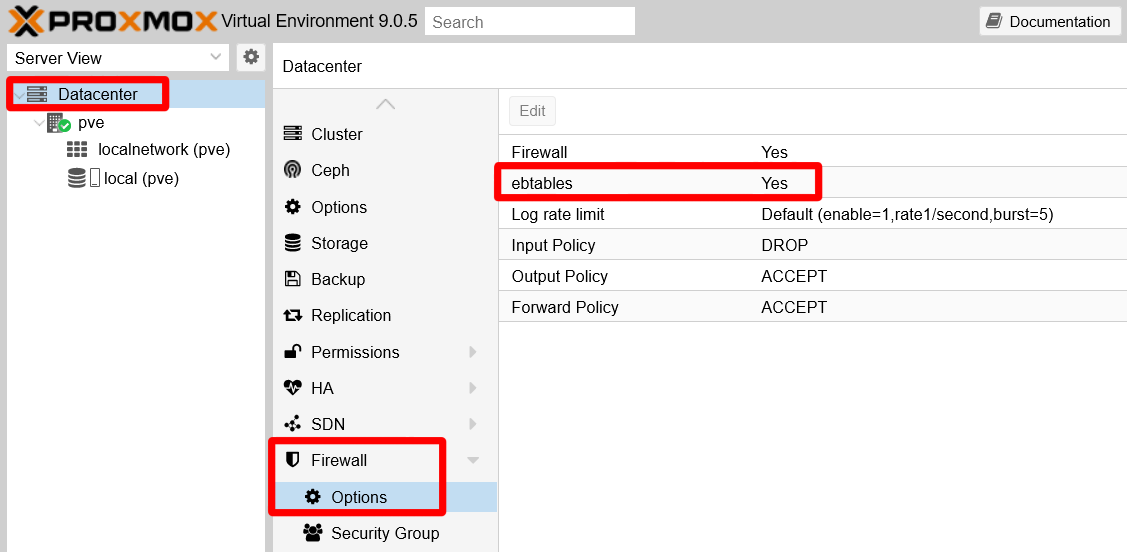 ebtables option at Datacenter firewall