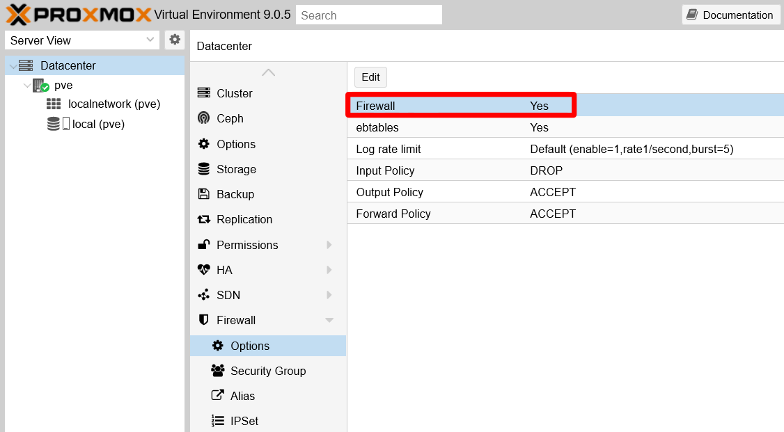 Firewall enabled at Datacenter tier