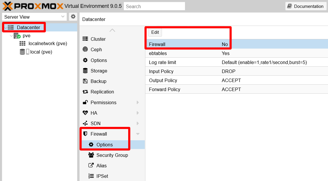 Selecting Firewall parameter at Datacenter level
