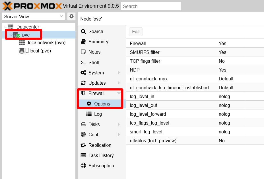 Firewall options at pve node level