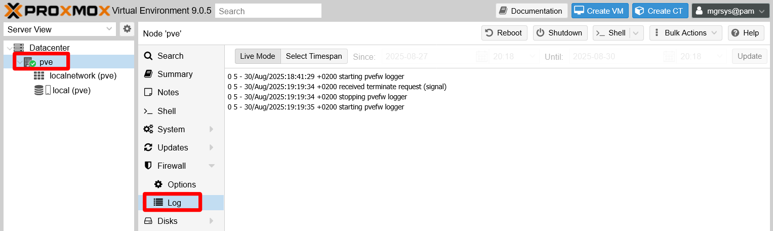 PVE node firewall log view