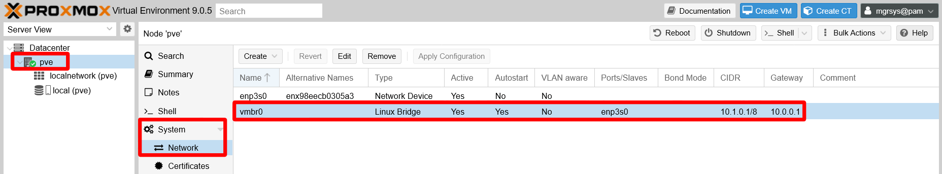Linux bridge at pve node network