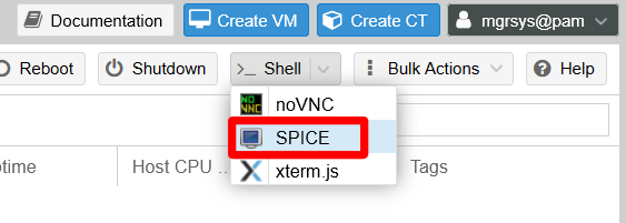 The SPICE option remains available among the web console’s shell options